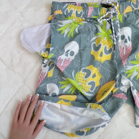 Micros Skull Pineapple Avocado Ice Cream Swim Trunks, Mesh Pockets Drawstring - Picture 4 of 11